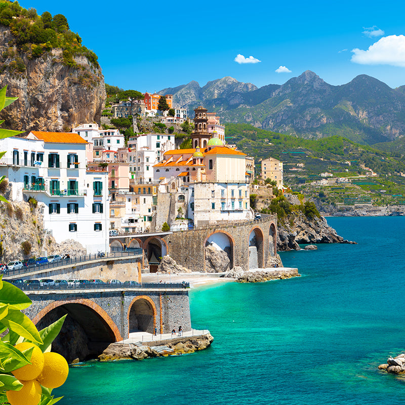 Photo of the Mediterranean coast, with crystal blue waters, bright and colorful buildings, and a lemon tree in the foreground.
